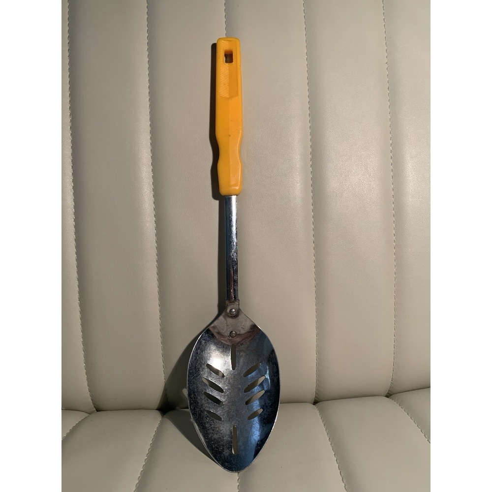 Vintage Kitchen Slotted Serving Spoon Utensil with Yellow Handle Made in‎ Japan